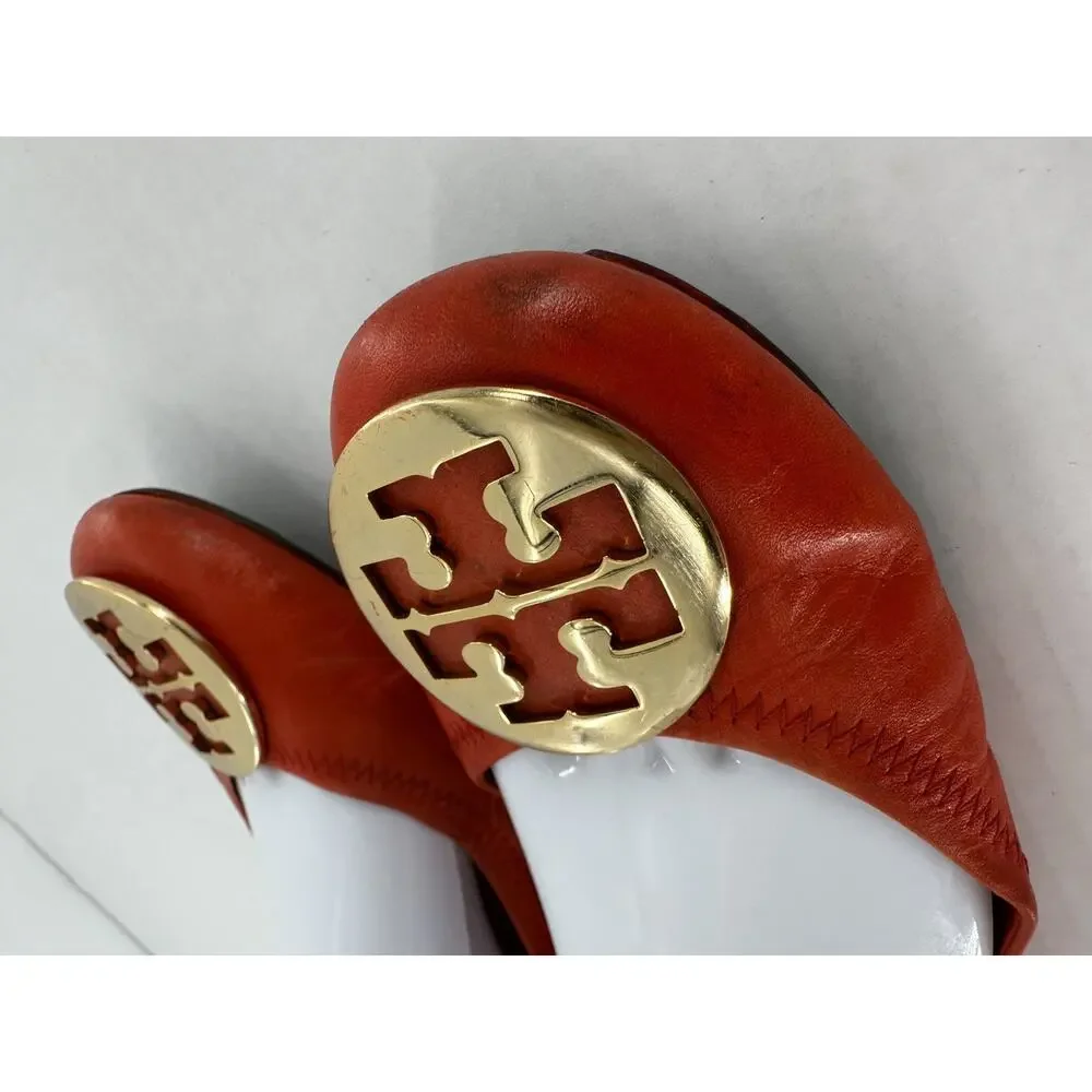 Tory Burch Flats Sz 8 Minnie Travel Orange Logo Office Classic Gold Logo Leather